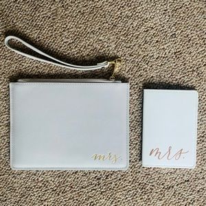 Light Grey Oversized Faux Leather Wristlet & Passport Case Mrs in Gold